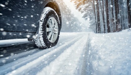 car driving with winter wheels and tires during snow blizzard - obrazy, fototapety, plakaty