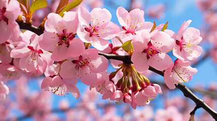 Spring cherry blossoms on pink background. Cherry blossoms. Bright pink flowers