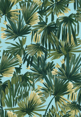 Tropical seamless pattern with palm leaves painted with a brush. Sketch with tropical leaves. Tropical wallpaper - 736041016