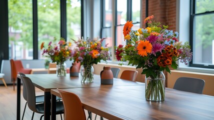 Arranjos florais coloridos em escritório moderno e iluminado - obrazy, fototapety, plakaty
