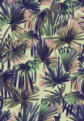 Tropical seamless pattern with palm leaves painted with a brush. Sketch with tropical leaves. Tropical wallpaper - 736041085