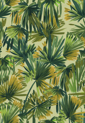 Tropical seamless pattern with palm leaves painted with a brush. Sketch with tropical leaves. Tropical wallpaper