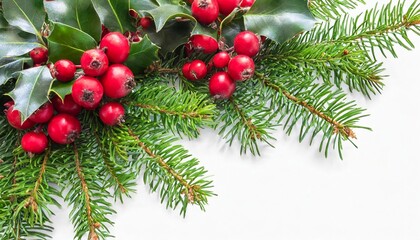 Naklejka na ściany i meble green christmas pine twigs and red berries of winterberry holly in a corner arrangements isolated on white or transparent background