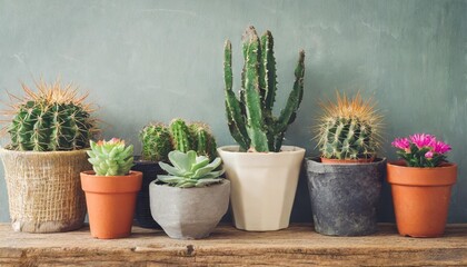 different cactus and succulent flower pots on vintage wooden shelf