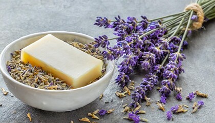 Obraz na płótnie Canvas lavender design elements isolated over a transparent background french soap bar from the provence fresh flowers and dried buds in a white bowl fragrance essential oils cosmetics perfumery a