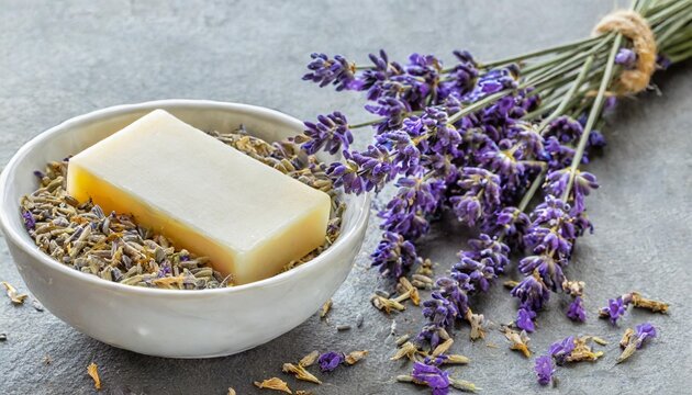 lavender design elements isolated over a transparent background french soap bar from the provence fresh flowers and dried buds in a white bowl fragrance essential oils cosmetics perfumery a