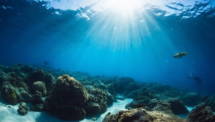 underwater ocean blue abyss with sunlight diving and scuba background