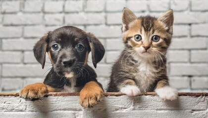 little puppy dog and kitten looking over white brick wall