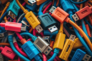 Close-up photo of colored cables with various connectors, such as HDMI, USB-A, Display Port