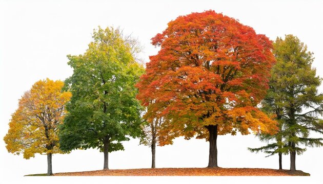 set of 6 various street autumn trees quercus rubra platanus maple big and medium isolated png on a transparent background perfectly cutout