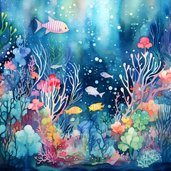 Fototapeta na wymiar Underwater landscape with fishes and corals. Watercolor illustration.
