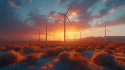 Zelfklevend Fotobehang A line of wind turbines in a desert at sunset create a stunning silhouette against the colorful sky, blending in with the natural landscape of the ecoregion © RichWolf