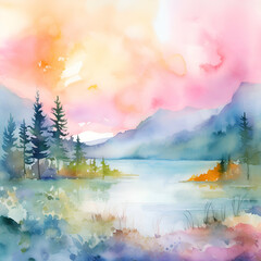 Watercolor landscape with mountains. forest and lake. Digital art painting.