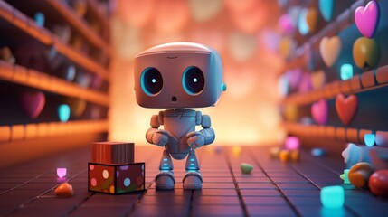 Cute Robot with Love Hearts - Unique Illustration for Emotion and AI
