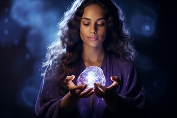 Naklejka premium An enigmatic woman, draped in a purple robe, conjures a swirling galaxy of light within a crystal orb, surrounded by an aura of mystical energy. 