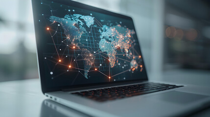Global Network Connectivity and Digital Data Visualization Concept on Laptop Screen in Office Setting
