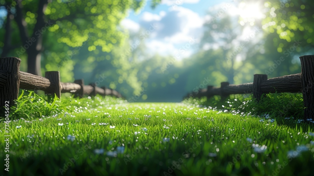 Poster The background image is a blurred image of spring nature with a mowed lawn surrounded by trees and blue skies with clouds.