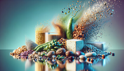 Vibrant Y2K-inspired composition of plant-based proteins with digital disintegration.