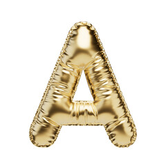 Obraz premium Letter A in the form of a gold foil balloon isolated on a transparent background. PNG 3D render. Letter of the Latin alphabet. Metallic volumetric letter with matte texture. Golden monogram.