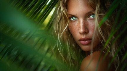 Woman model in tropical leaves. 