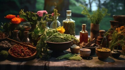 Assorted Herbs Arranged on a Table