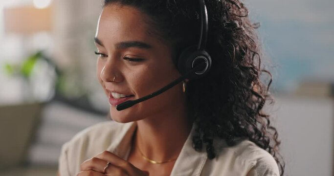 Woman, phone call at callcenter and CRM with contact, happy talking for advice or info with communication. Customer service, telemarketing or tech support with headset and mic for help desk agent