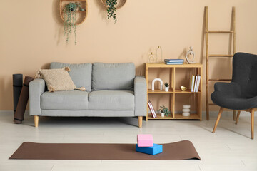 Interior of living room with sofa and yoga equipment
