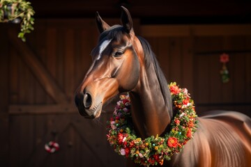 horse wearing a festive garland of flowers around its neck