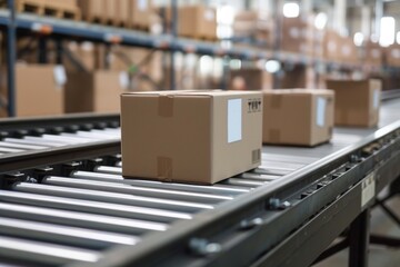 Cardboard Boxes on Conveyor Belt in Distribution Center
