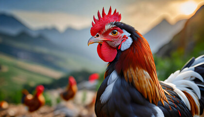 Close-up of hen grazing on a farm. Portrait of chicken on blurred nature background. Domestic animals