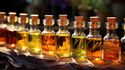 Aromatic oils. Close-up of bottles with aromatic oils
