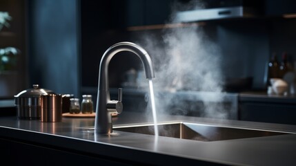 A Kitchen Sink With Steam Coming Out of the Faucet