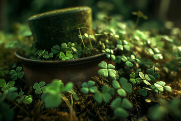 Happy Saint Patric’s Day. Green hat of Leprachaun, decorated with clover. 17th March feast day of St. Patrick, patron of Ireland. Irish tradition, religious and cultural holiday. Green background.