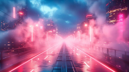 Mystical Night Cityscape: Glowing Pink Fog, Starry Skies, Urban Fantasy