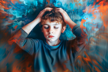 Illustration of sensory overload. Featuring a portrait of a fictional young boy touching his head while flames surround him as illustrations of auditory and visually overload that can cause headaches. - obrazy, fototapety, plakaty