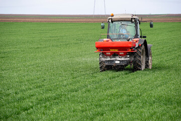 Tractor spreading artificial fertilizers in wheat field