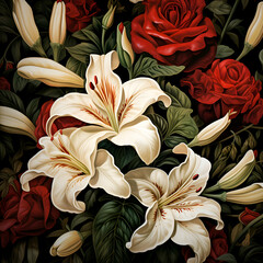 Seamless floral pattern with white lilies and red roses.  illustration.