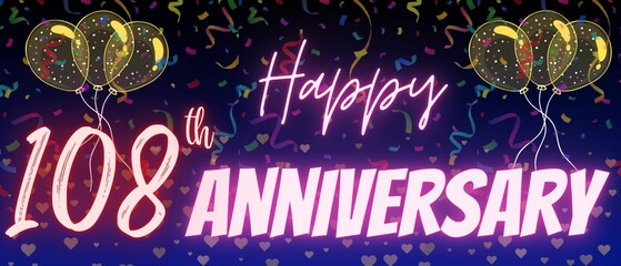 108th anniversary neon calligraphy text and number. Confetti and balloons isolated on elegant blue gradient background, sparkle, design for greeting card and invitation. One Hundred Eight anniversary