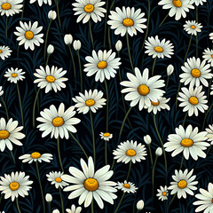 Seamless pattern with white daisies on a dark background