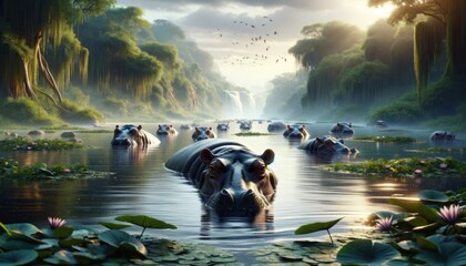 Hippopotamus's Serene Rive - obrazy, fototapety, plakaty