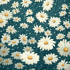 Seamless pattern with white daisies on blue background.