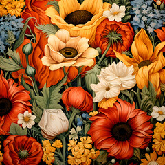Seamless floral pattern with poppies and anemones