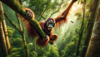 Orangutan Canopy Kingdom. The scene depict an orangutan hanging skillfully from a tree branch 