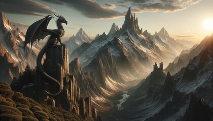 The majestic mountain dragon's lair. The scene depicts a powerful dragon sitting on top of a mountain - obrazy, fototapety, plakaty