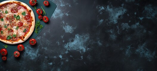 delicious pizza, black background there is free space for text, wallpaper, poster, advertisement, etc