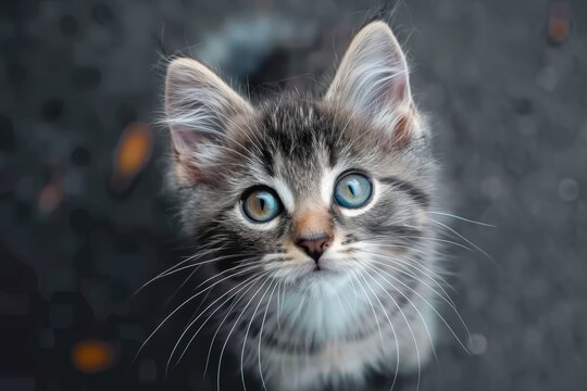 kitten is looking up from black background