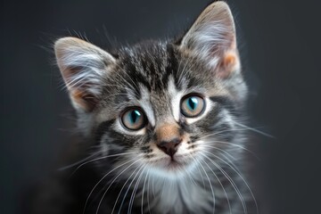 kitten is looking up from black background
