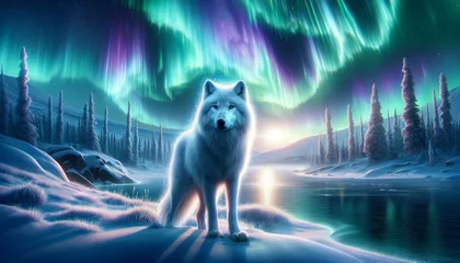 Foto auf Glas The Spirit Wolf's Northern Lights © Анастасия Малькова