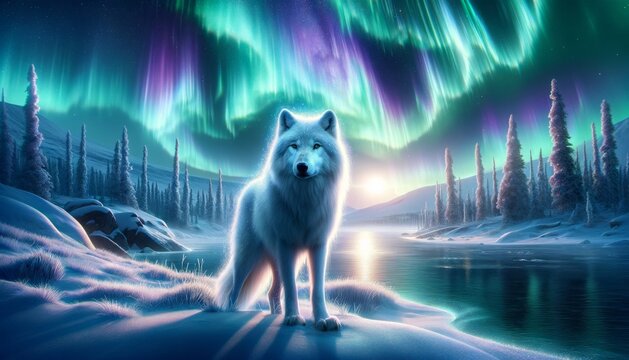 Majestic lone wolf gazing at vibrant green aurora borealis in starry night forest