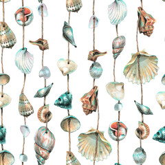Various seashells are round, spiral, suspended on ropes. Marine garlands for decoration. Hand drawn watercolor illustration. Seamless pattern on a white background. - obrazy, fototapety, plakaty